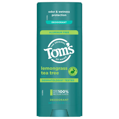 Tom's of Maine Lemongrass Tea Tree Aluminum-Free Deodorant for Women & Men | Clear Application | Odor & Wetness Protection | 3.25 oz