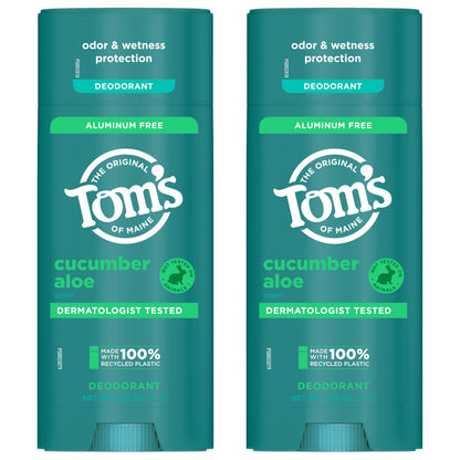 Tom's of Maine Cucumber Aloe Aluminum-Free Natural Deodorant – Goes on Clear | Odor & Wetness Protection | 3.25 oz (2 Pack)