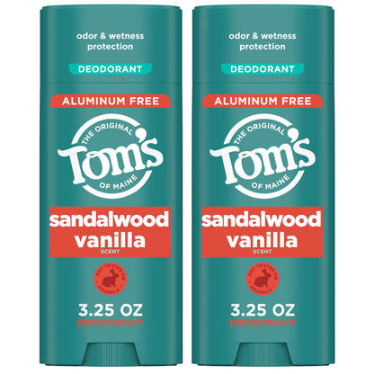 Tom’s of Maine Sandalwood Vanilla Aluminum-Free Deodorant — Goes on Clear, Odor & Wetness Protection | 3.25 oz, 2-Pack