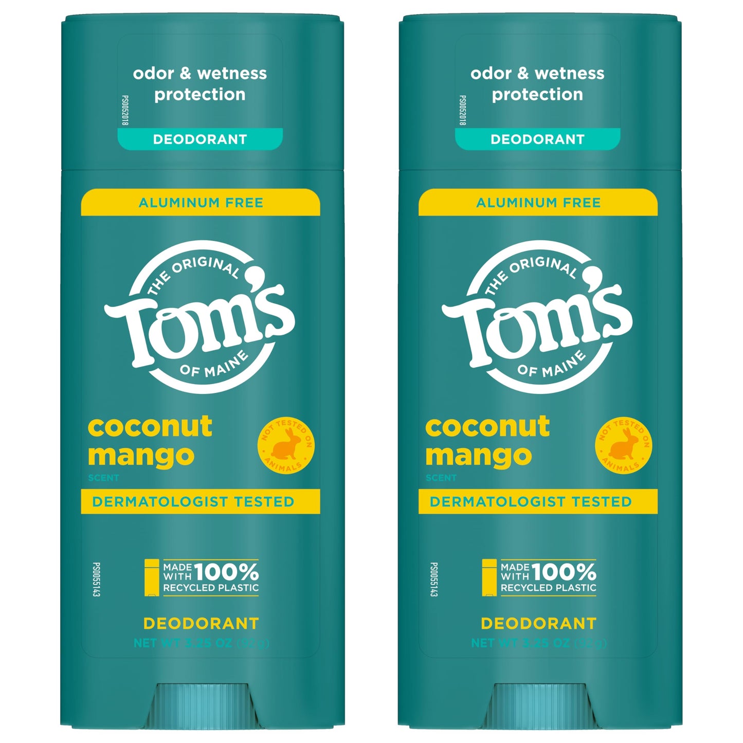 Tom's of Maine Coconut Mango Aluminum-Free Deodorant for Women & Men – Goes on Clear, Odor & Wetness Protection | 2-Pack (3.25 oz each)