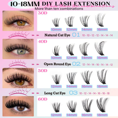 TOOCHUNAG Lash Extension Kit 384pcs — Wispy 30D/40D Clusters & Thick 50D/60D with Bond & Seal
