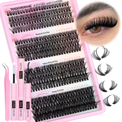 TOOCHUNAG Lash Extension Kit 384pcs — Wispy 30D/40D Clusters & Thick 50D/60D with Bond & Seal