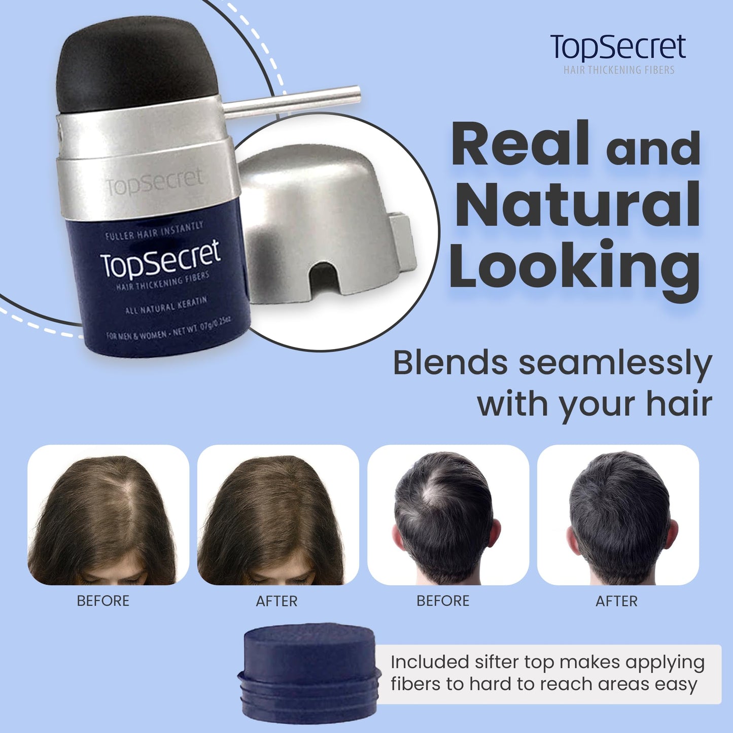 Top Secret Hair Thickening Fibers with Precision Applicator – Medium Brown, Large Jar
