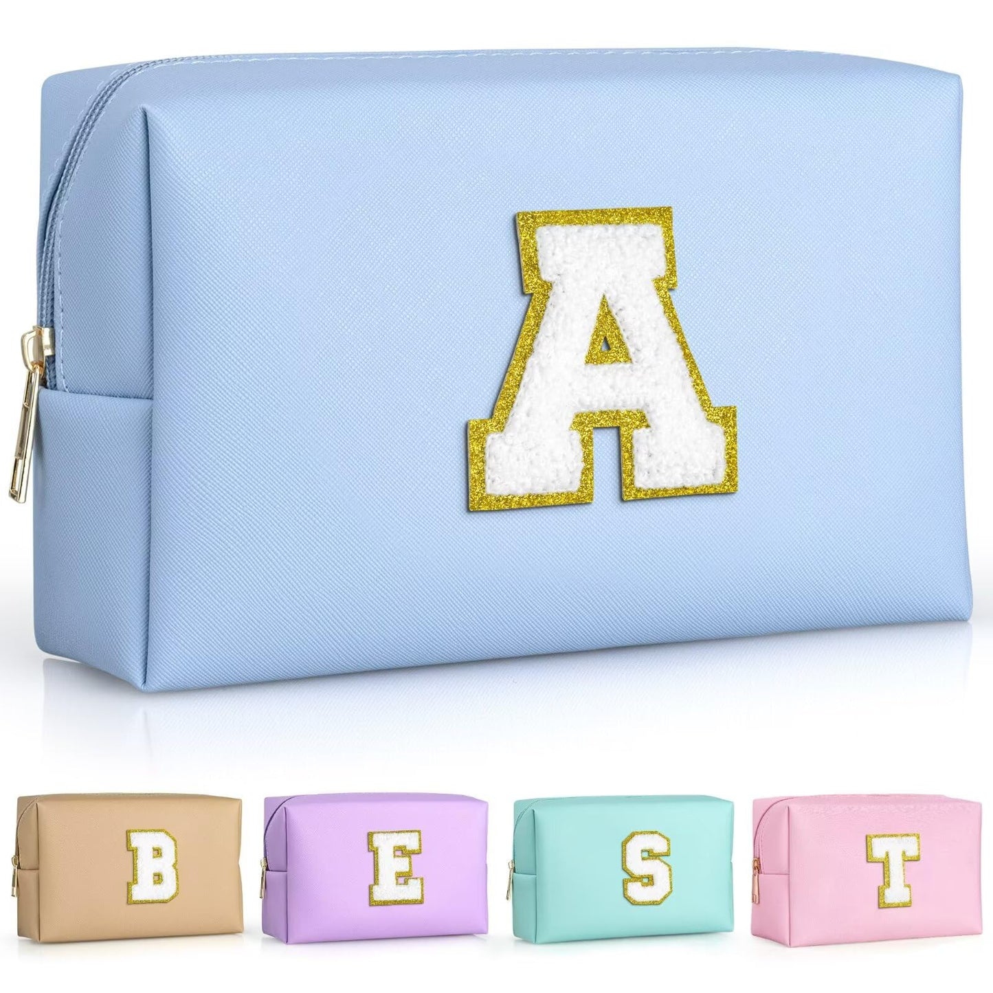 TOPEAST Personalized Initial Makeup Pouch – Leather Waterproof Cosmetic Bag for Women (Sky Blue A)
