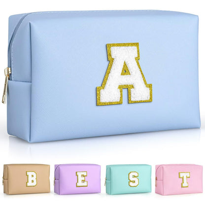 TOPEAST Personalized Initial Makeup Pouch – Leather Waterproof Cosmetic Bag for Women (Sky Blue A)