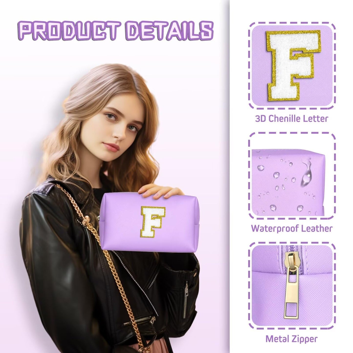 TOPEAST Cosmetic Travel Bag for Women – Purple PU Leather Waterproof Makeup Bag with Personalized Initial Patch