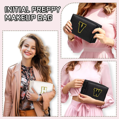 TOPEAST Monogrammed Makeup Bag – Personalized Initial Cosmetic Pouch (PU Leather, Waterproof, Black E)