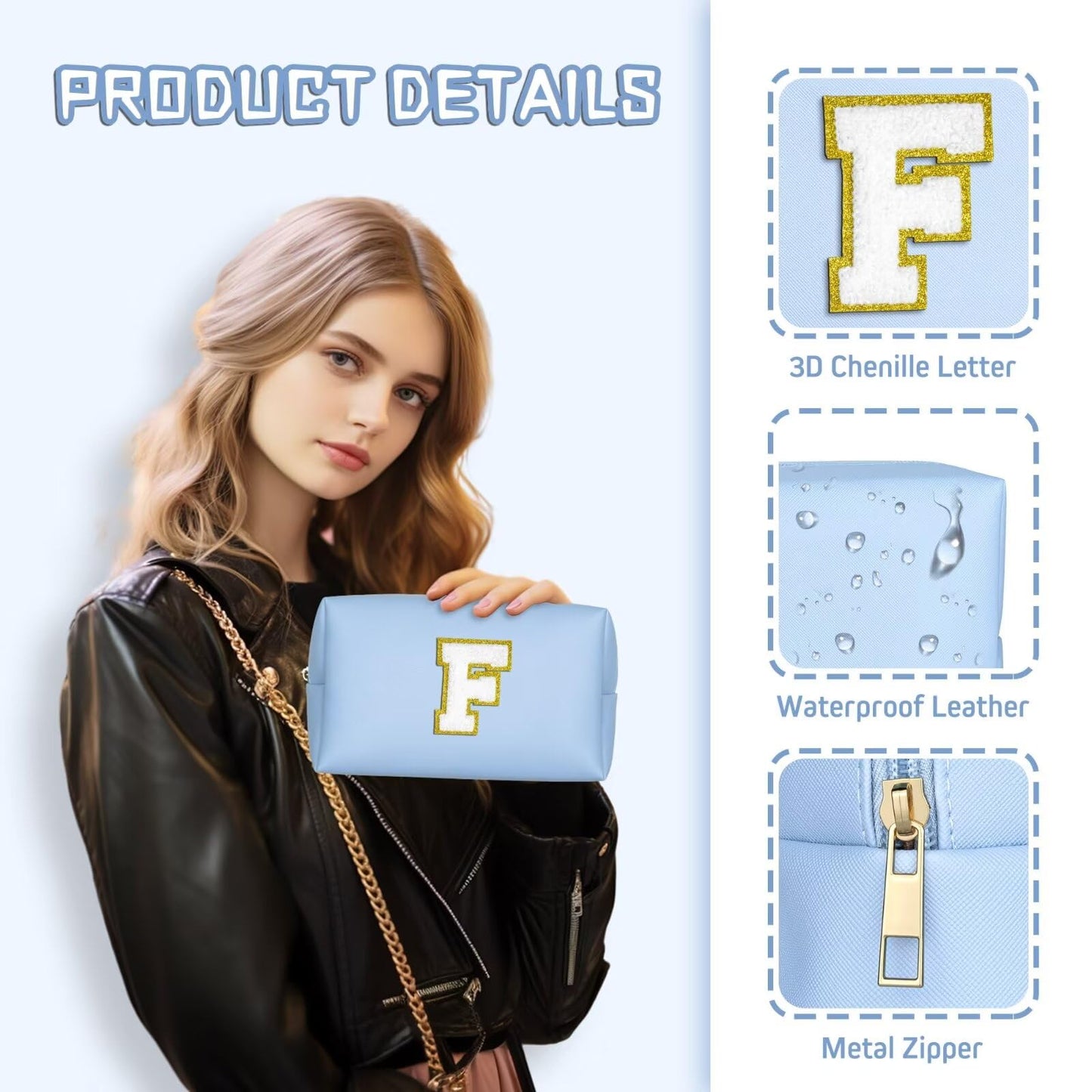 TOPEAST Cosmetic Travel Bag for Women – Sky Blue Preppy Makeup Bag, PU Leather Waterproof Toiletry Bag