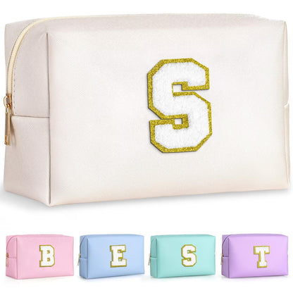 TOPEAST Initial Cosmetic Bag for Women – Monogrammed PU Leather Waterproof Toiletry Bag, White S