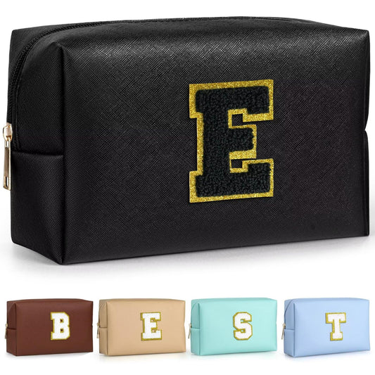 TOPEAST Monogrammed Makeup Bag – Personalized Initial Cosmetic Pouch (PU Leather, Waterproof, Black E)