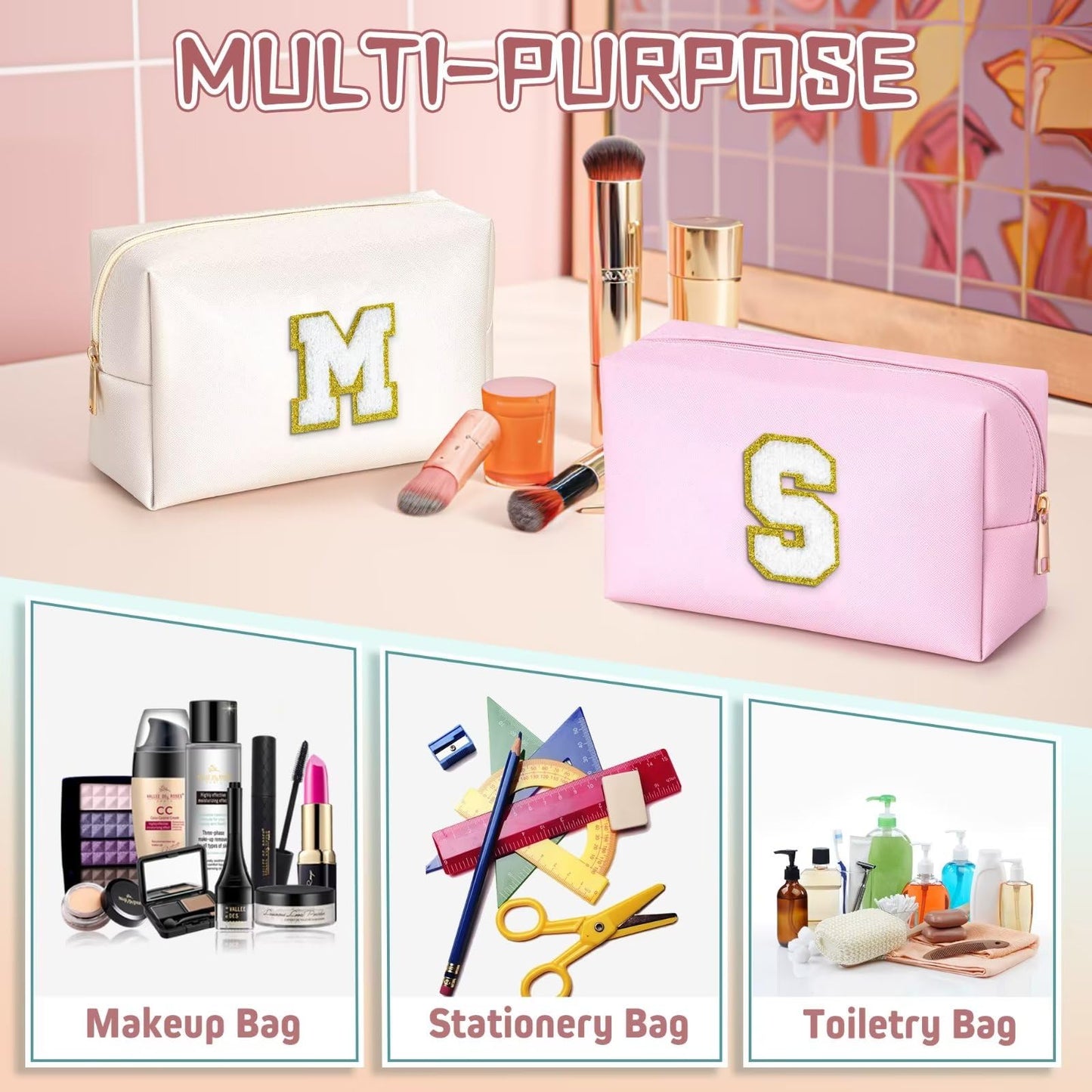 TOPEAST Personalized Preppy Makeup Bag – Pink Travel Cosmetic Bag, Gift for Women