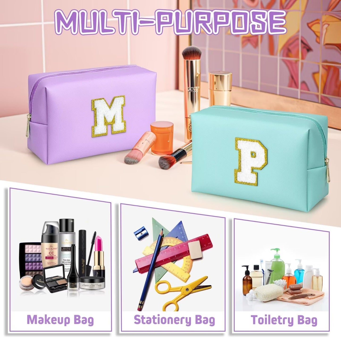 TOPEAST Cosmetic Travel Bag for Women – Purple PU Leather Waterproof Makeup Bag with Personalized Initial Patch