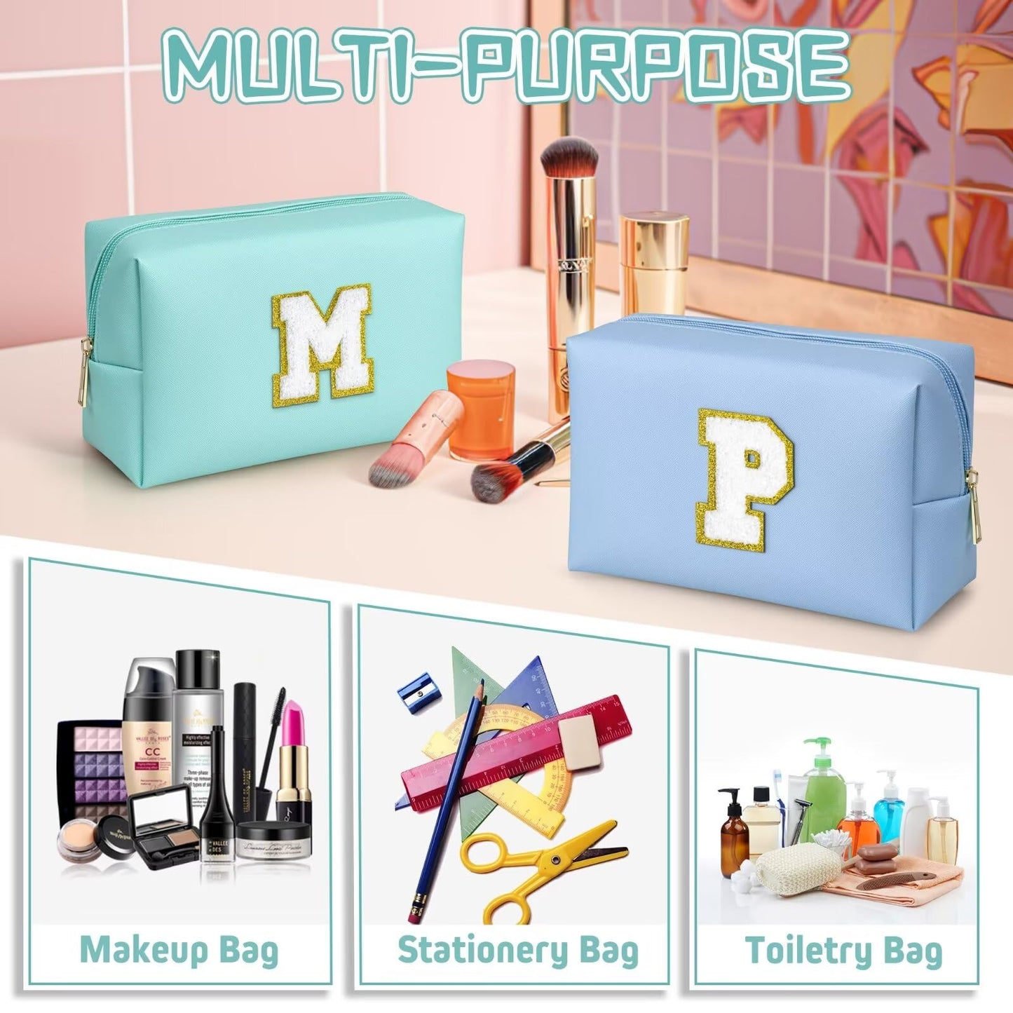 TOPEAST Preppy Patch Makeup Bag | Personalized Chenille Patch, Waterproof PU Leather