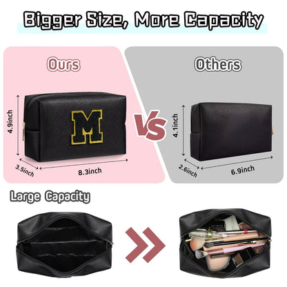 TOPEAST Monogrammed Makeup Bag – Personalized Initial Cosmetic Pouch (PU Leather, Waterproof, Black E)