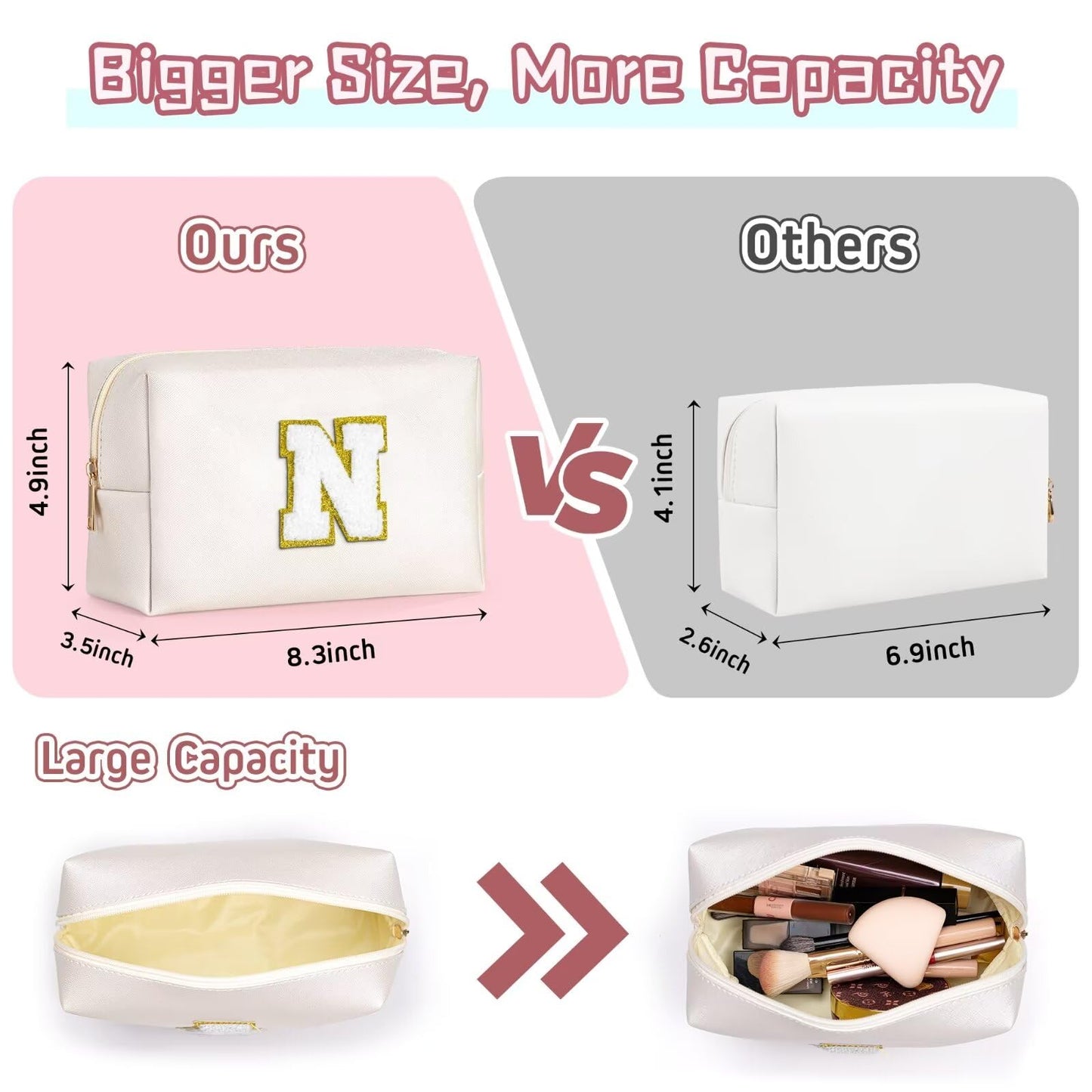 TOPEAST Monogrammed Makeup Bag – Personalized Initial Cosmetic Bag, Waterproof PU Leather, White E