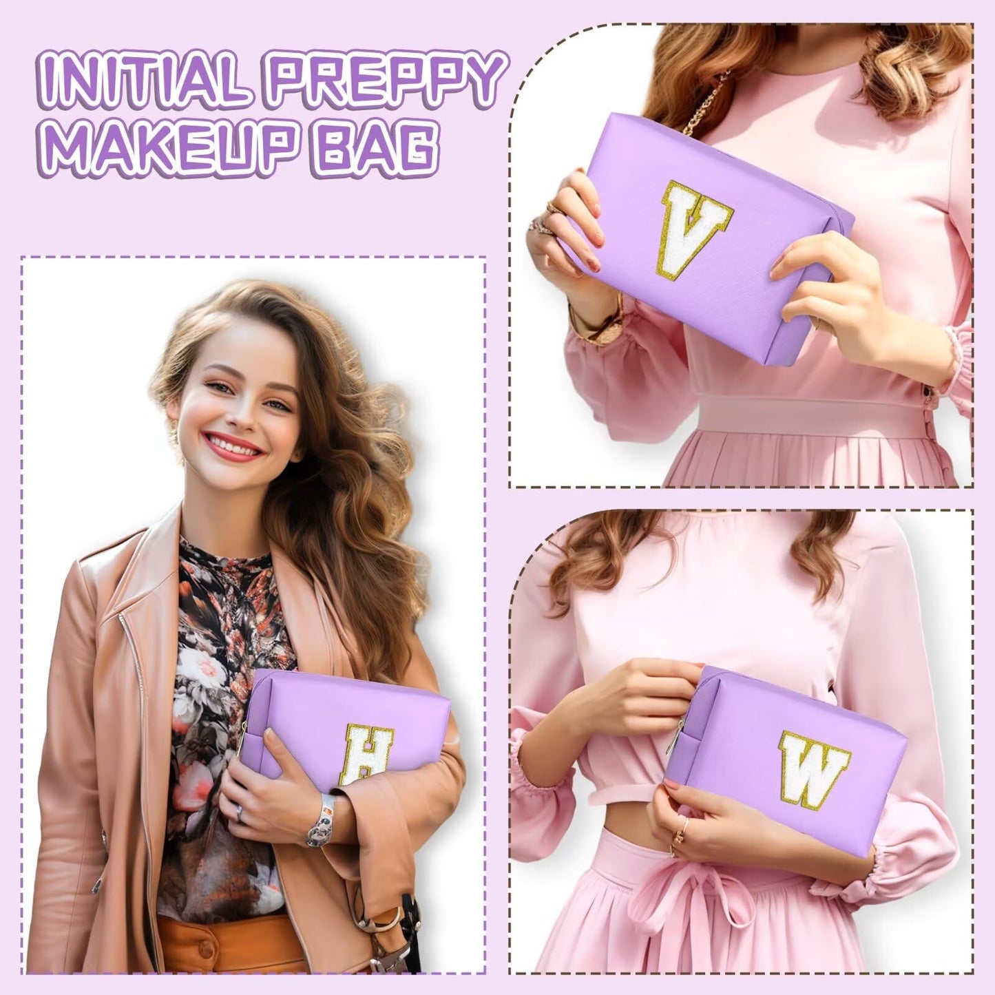 TOPEAST Cosmetic Travel Bag for Women – Purple PU Leather Waterproof Makeup Bag with Personalized Initial Patch