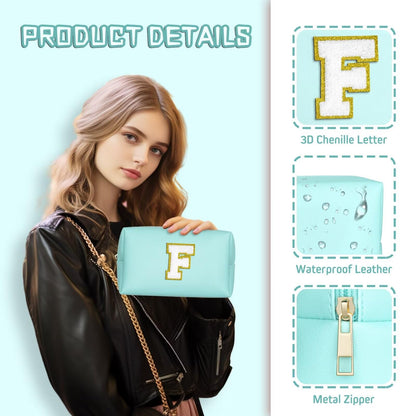 TOPEAST Preppy Makeup Bag with Personalized Initial Patch – Waterproof PU Leather, 8.3 x 3.5 x 4.9 in Blue A