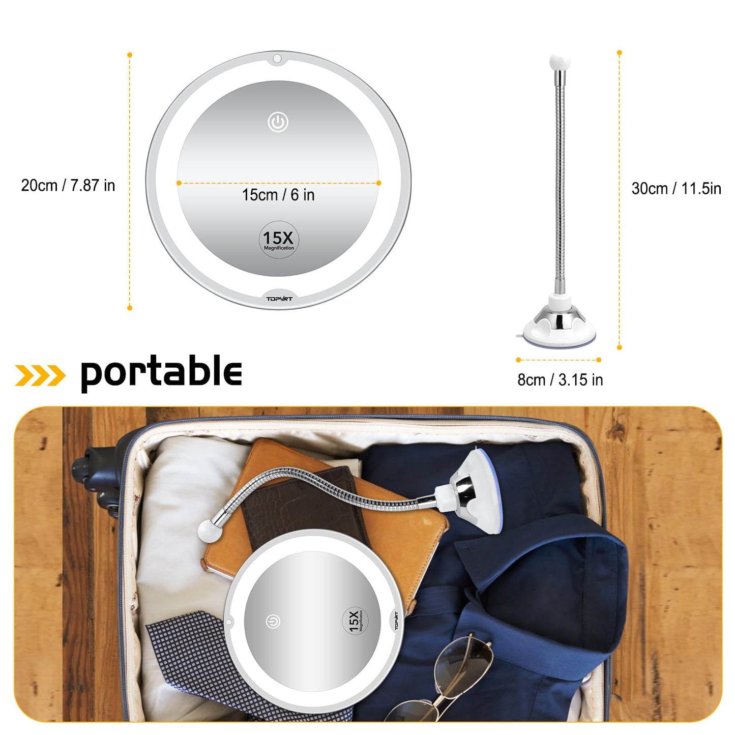 TOPVIRT Flexible 15X Magnifying Suction Mirror with Dimmable LED Vanity - Large