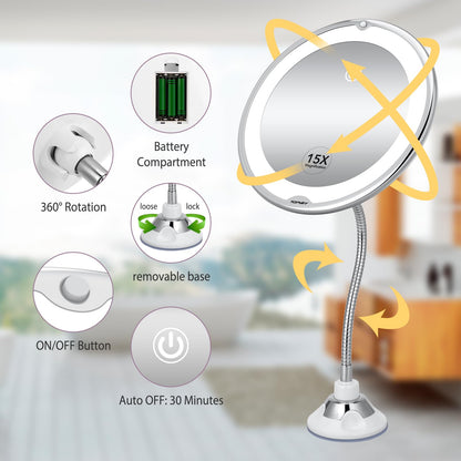 TOPVIRT Flexible 15X Magnifying Suction Mirror with Dimmable LED Vanity - Large