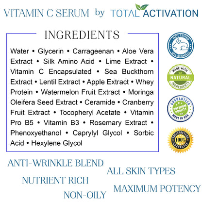 Total Activation Vitamin C Serum with Aloe Vera & Vitamin E — Hydrating Serum 2oz