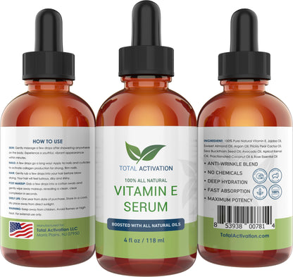Total Activation Vitamin E Serum – Organic 100% Pure Cold-Pressed Vitamin E Oil for Skin, Hair & Nails – 4 oz