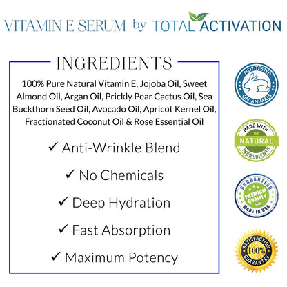 Total Activation Vitamin E Serum – Organic 100% Pure Cold-Pressed Vitamin E Oil for Skin, Hair & Nails – 4 oz