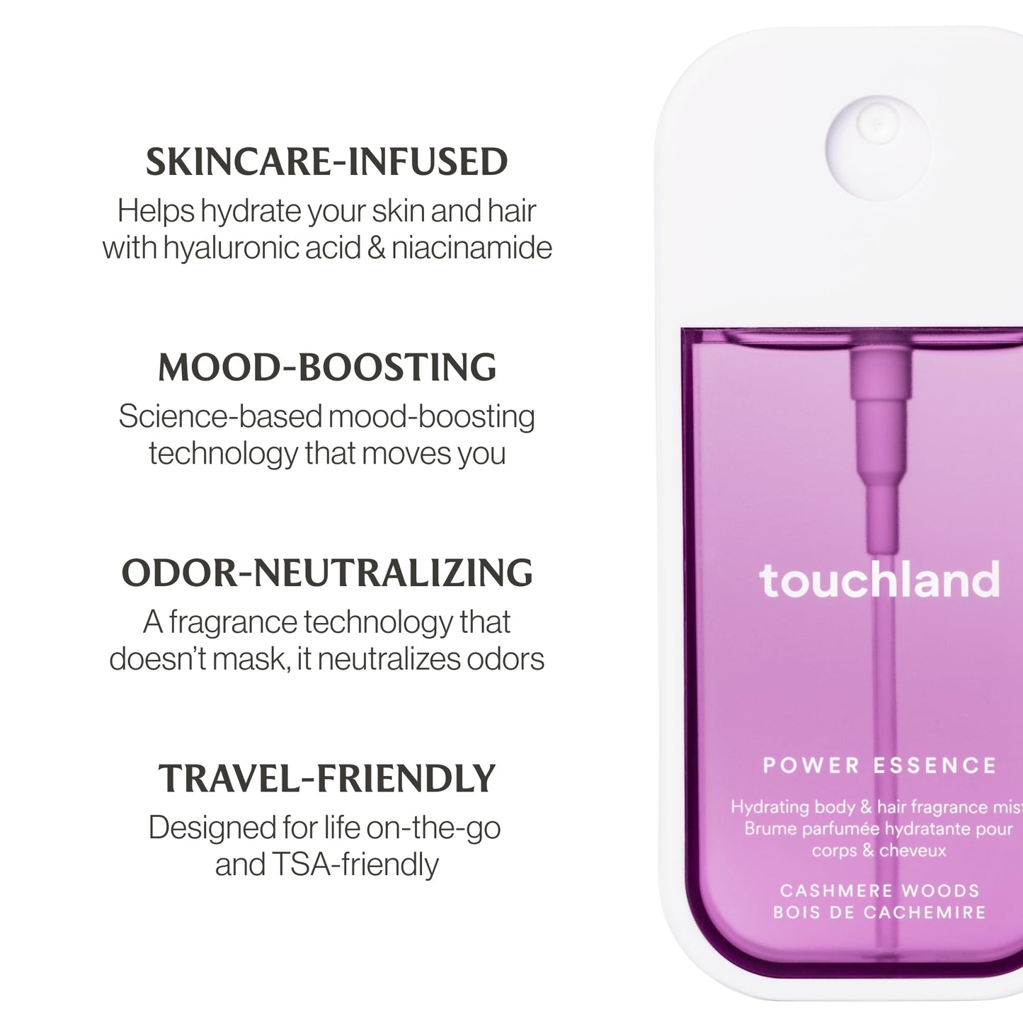 Touchland Hydrating Body & Hair Fragrance Mist – Cashmere Woods, 2 oz Travel Size
