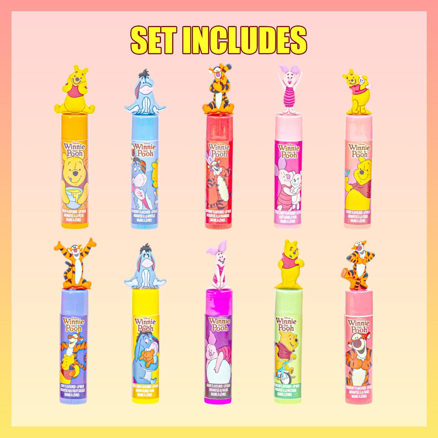 Townley Girl Winnie the Pooh 10-Piece Plant-Based Lip Balm Set – Kid-Friendly Gift