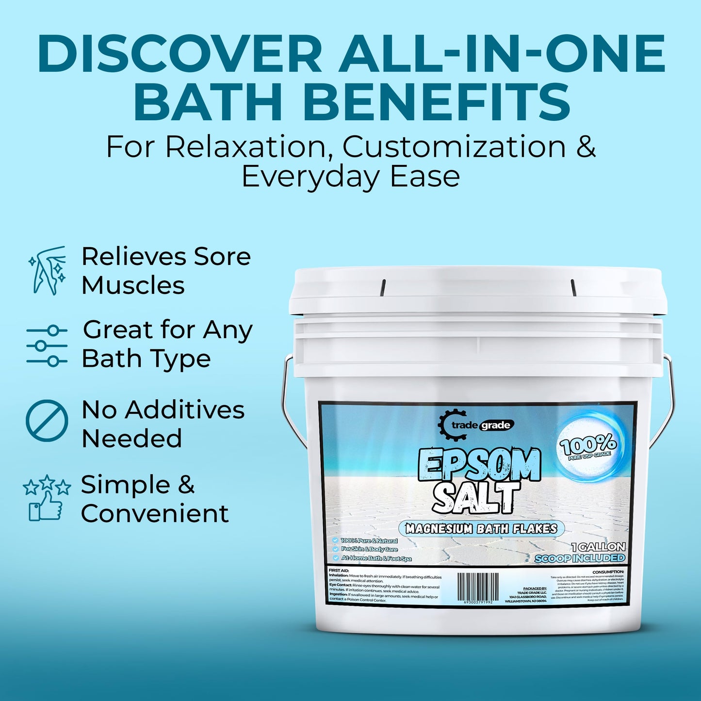 Trade Grade Epsom Salt – Pure Magnesium Sulfate for Soaking & Relaxation (1 Gallon Bucket with Scoop)