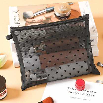 TRAKWAN 4-Piece Heart-Printed Mesh Makeup Bag Set – Black Portable Travel Pouches