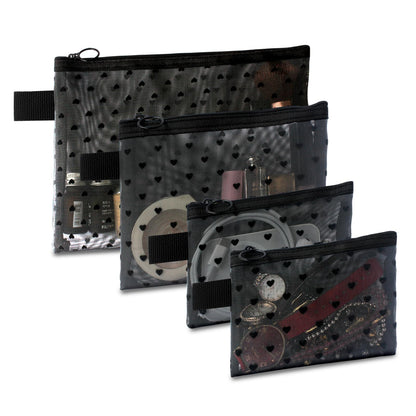 TRAKWAN 4-Piece Heart-Printed Mesh Makeup Bag Set – Black Portable Travel Pouches