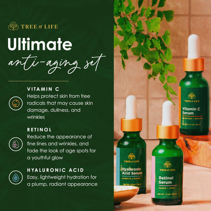 Tree of Life Beauty Facial Serum Trio — Vitamin C, Retinol & Hyaluronic Acid Kit