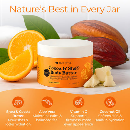 Tree to Tub Shea Body Butter for Dry Skin – Hydrating Cocoa Butter, Vitamin C, Citrus Scent