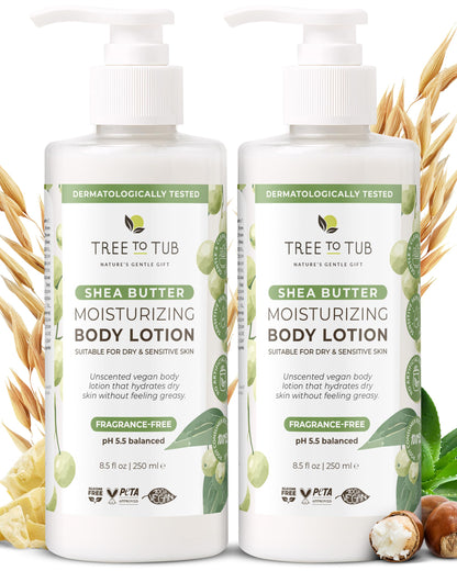Tree to Tub Unscented Shea Butter Body Lotion – Fragrance-Free, Vegan Moisturizer (2 Pack) for Dry & Sensitive Skin