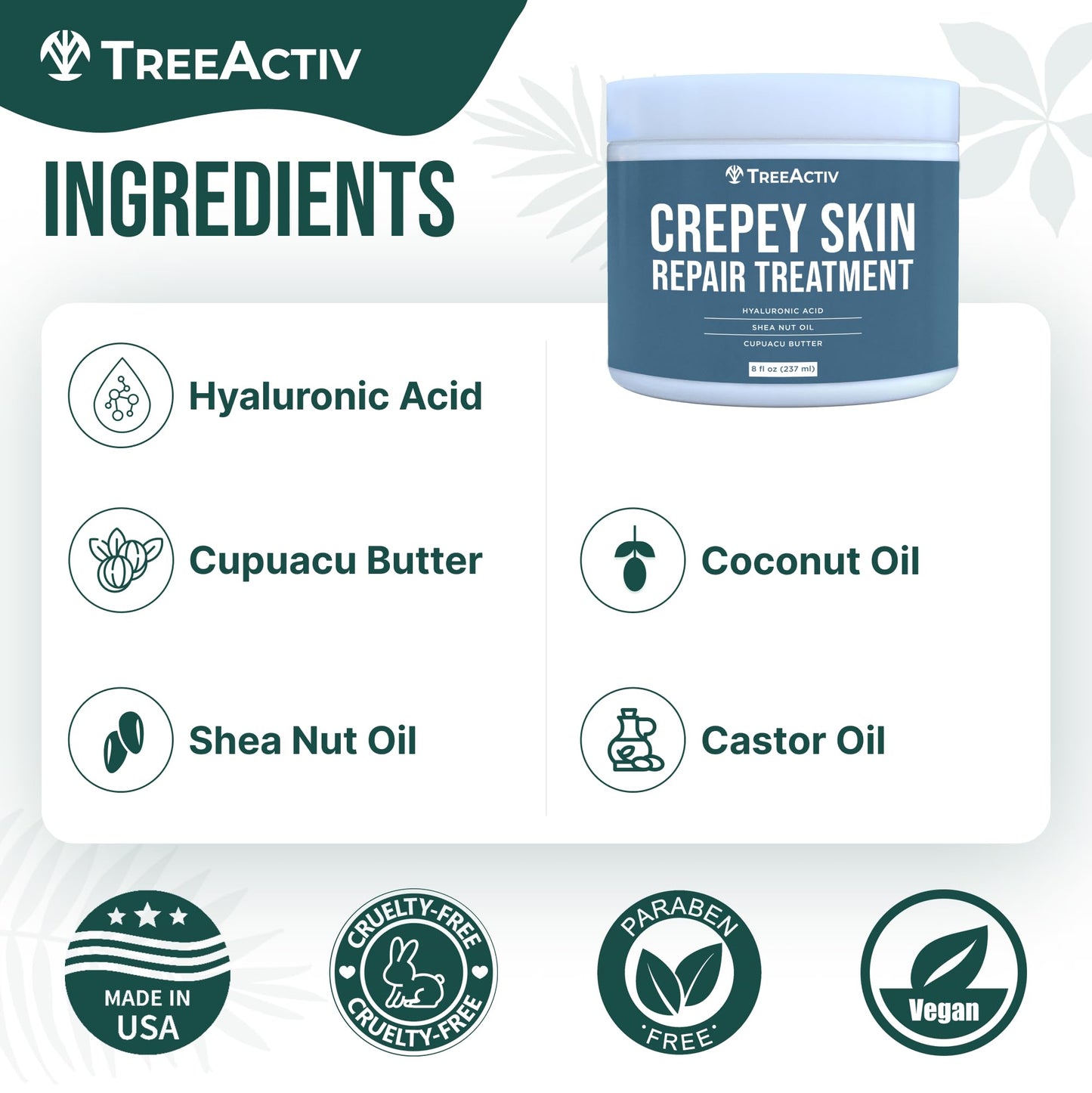 TreeActiv Crepey Skin Repair Cream – Firming Hyaluronic Acid Lotion (8 oz)