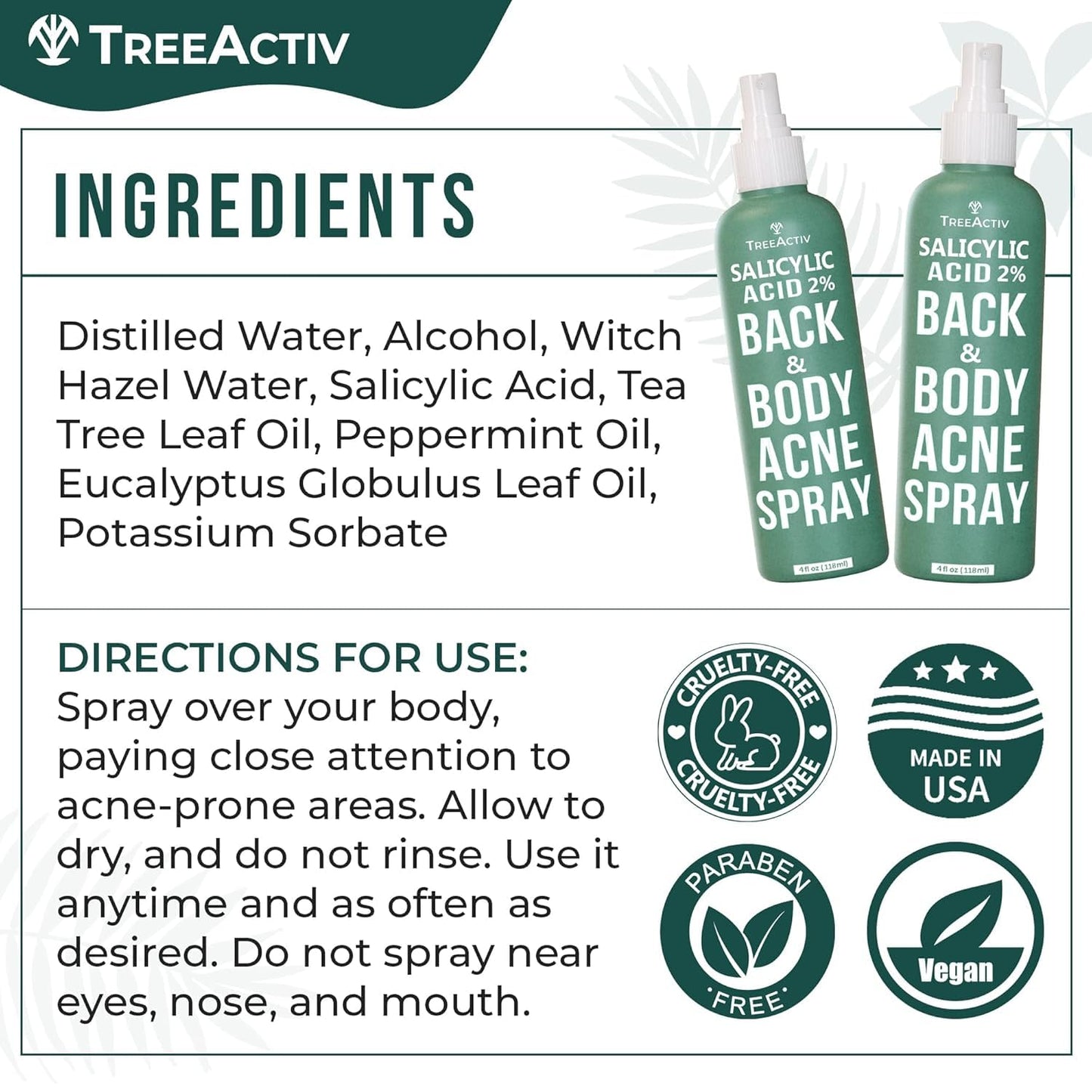 TreeActiv Salicylic Acid Back & Body Acne Spray – Fast-Drying, Tea Tree & Peppermint Formula (4 fl oz x 2)