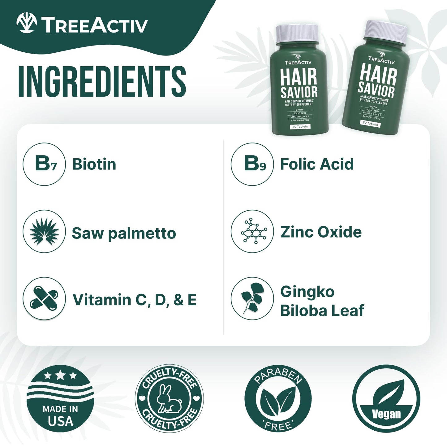 TreeActiv Hair Savior – Biotin + Saw Palmetto Hair Growth Vitamins, 60 Capsules, 30-Day Supply