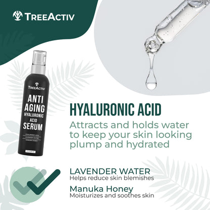 TreeActiv Anti-Aging Hyaluronic Acid Serum for Face – Hydrating, Oil-Free 2 oz