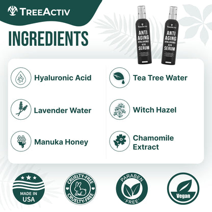 TreeActiv Anti-Aging Hyaluronic Acid Serum for Face – Hydrating, Oil-Free 2 oz