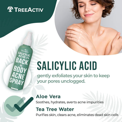 TreeActiv Salicylic Acid Back & Body Acne Spray – Fast-Drying, Tea Tree & Peppermint Formula (4 fl oz x 2)