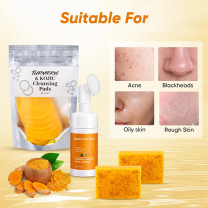 Treeroot 4Pcs Turmeric Face Wash Set — Kojic Acid Soap, Brush & Scrub Pads for Deep Cleansing