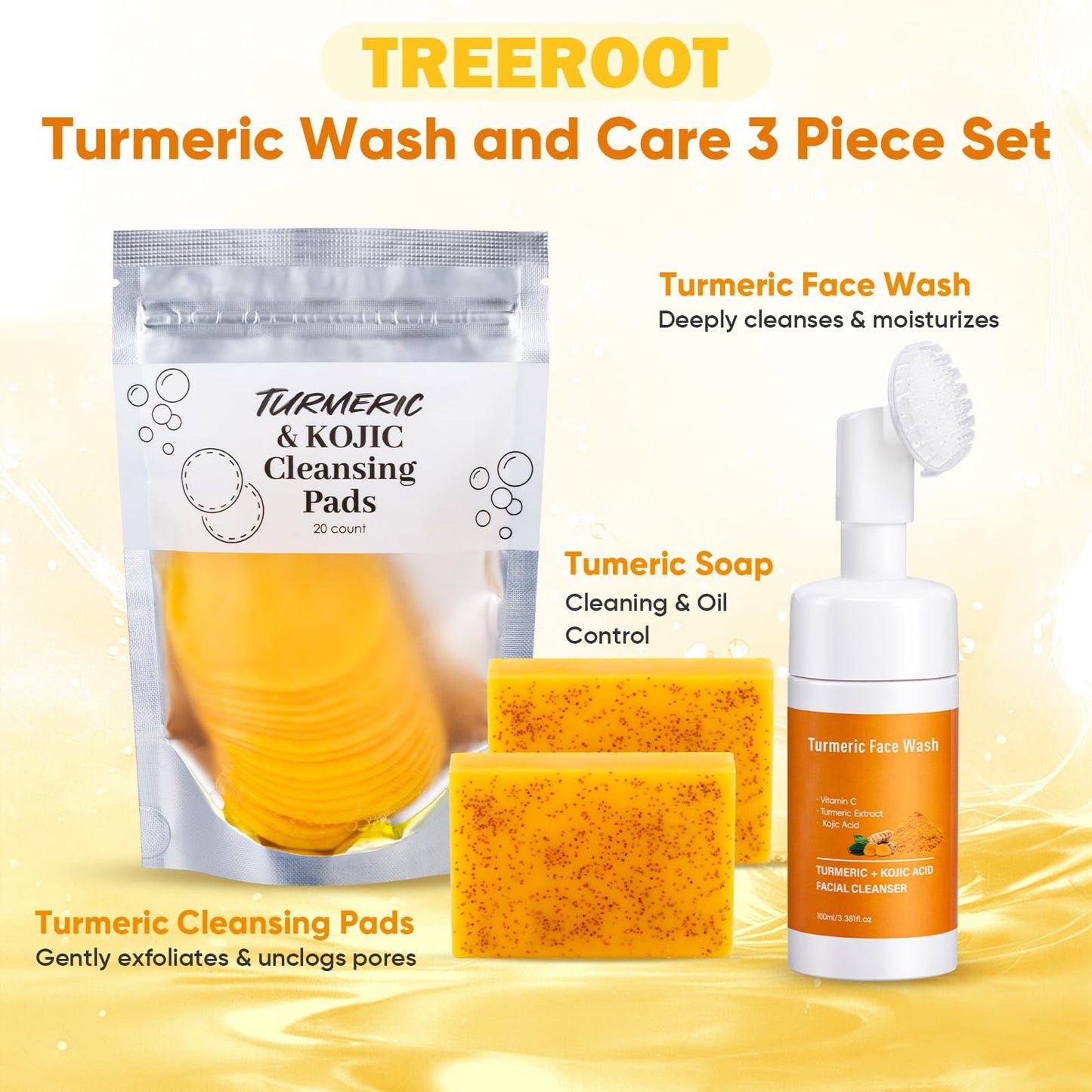 Treeroot 4Pcs Turmeric Face Wash Set — Kojic Acid Soap, Brush & Scrub Pads for Deep Cleansing