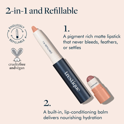 TRE'STIQUE Matte Lip Crayon + Built-In Lip Balm — Pacific Peony Refillable Kit