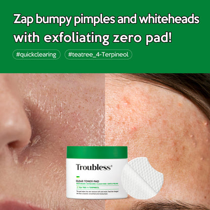 Troubless Clear Toner Pad for Face | Gentle Peeling & Soothing Tea Tree, 60 Pads