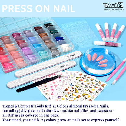 TsMADDTs Press On Nails Almond – 24 Colors, 720 pcs Kit with Glue, Tabs, Stickers & Tweezers