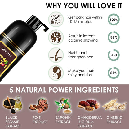 TSSPLUS 500ml Hair Coloring Shampoo – Natural Plant Essence, Gray Coverage, Dark Brown