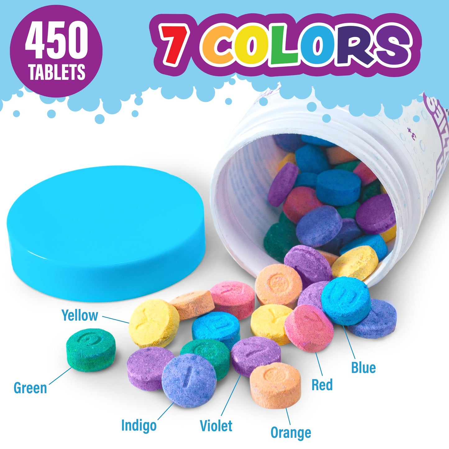 Tub Works Bath Color Fizzies, 150 Count, 3-Pack | Non-Toxic & Fragrance-Free Color Bath Tablets