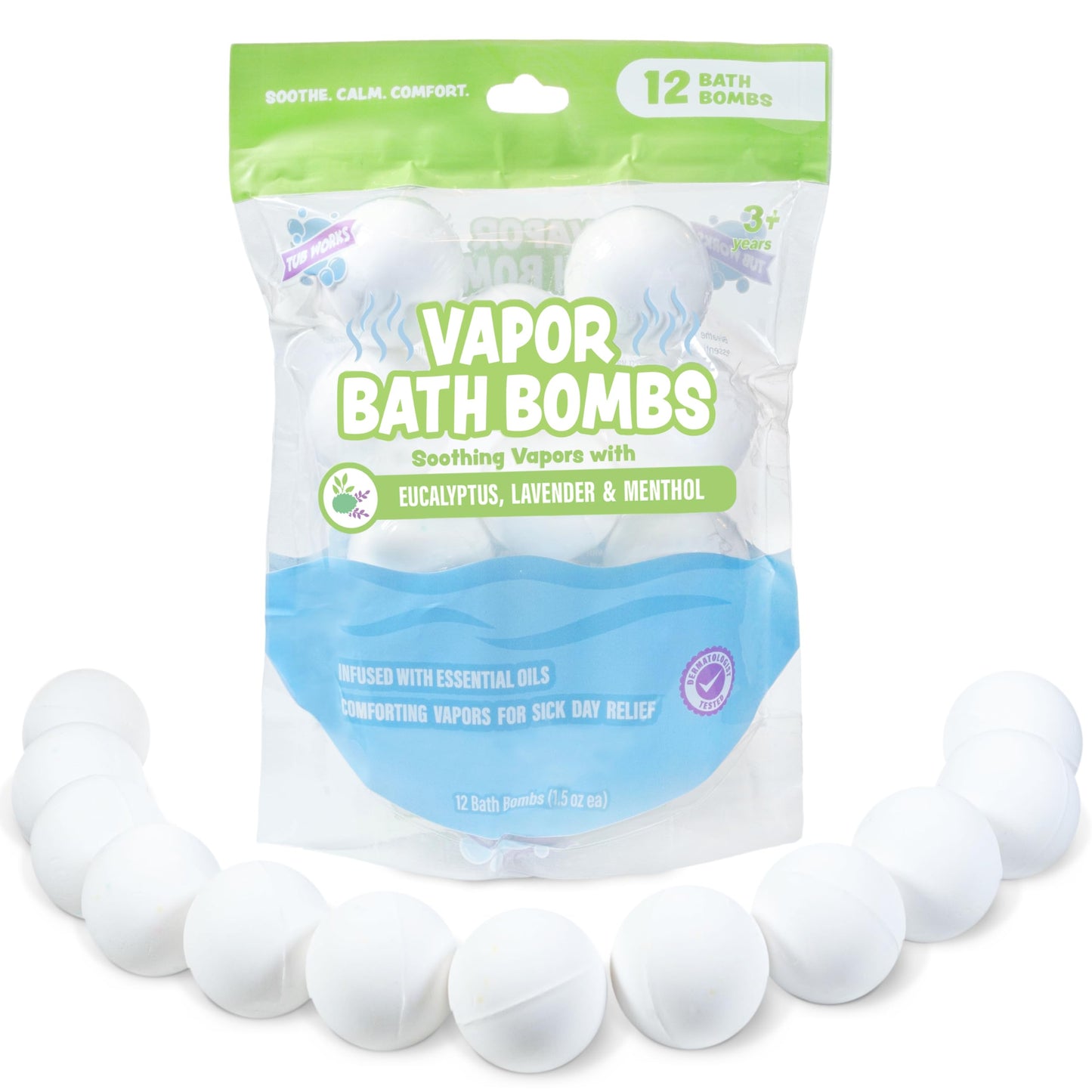 Tub Works Vapor Bath Bombs for Toddlers & Kids – 12 Pack | Eucalyptus, Lavender & Menthol Aromatherapy Bath Bombs