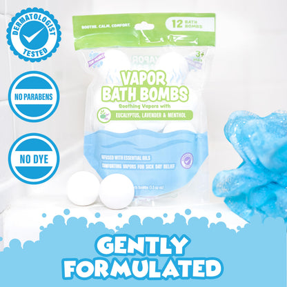 Tub Works Vapor Bath Bombs for Toddlers & Kids – 12 Pack | Eucalyptus, Lavender & Menthol Aromatherapy Bath Bombs