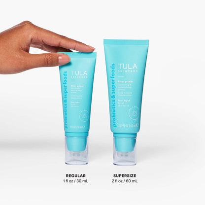 TULA Face Filter Blurring & Moisturizing Primer – Supersize First Light, Evens Tone & Redness, Hydrates & Improves Makeup Wear, 2.02 fl oz